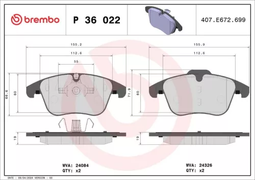 Brake Pad Set, disc brake BREMBO P 36 022)