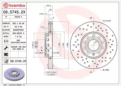 Brake Disc BREMBO 09.5745.2X)