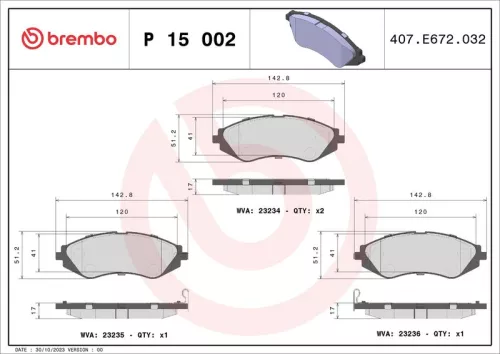 Brake Pad Set, disc brake BREMBO P 15 002)