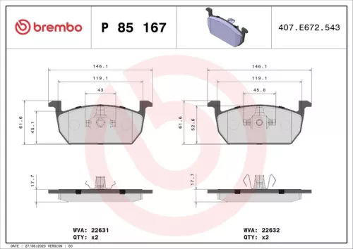 Brake Pad Set, disc brake BREMBO P 85 167)